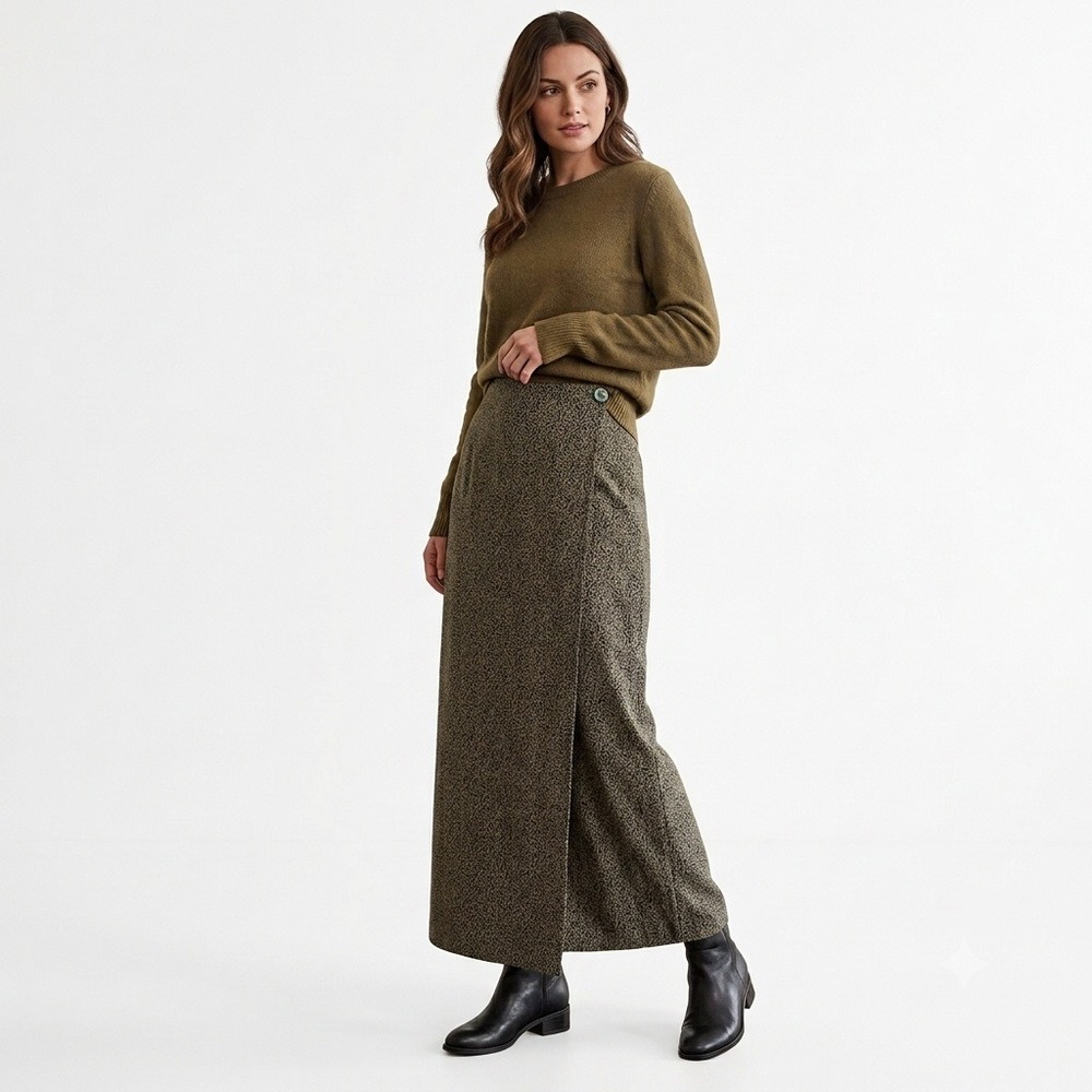 Y2K Olive & Black Ditsy Floral Chiffon Maxi Wrap Skirt Size 6 Earthy Minimalist